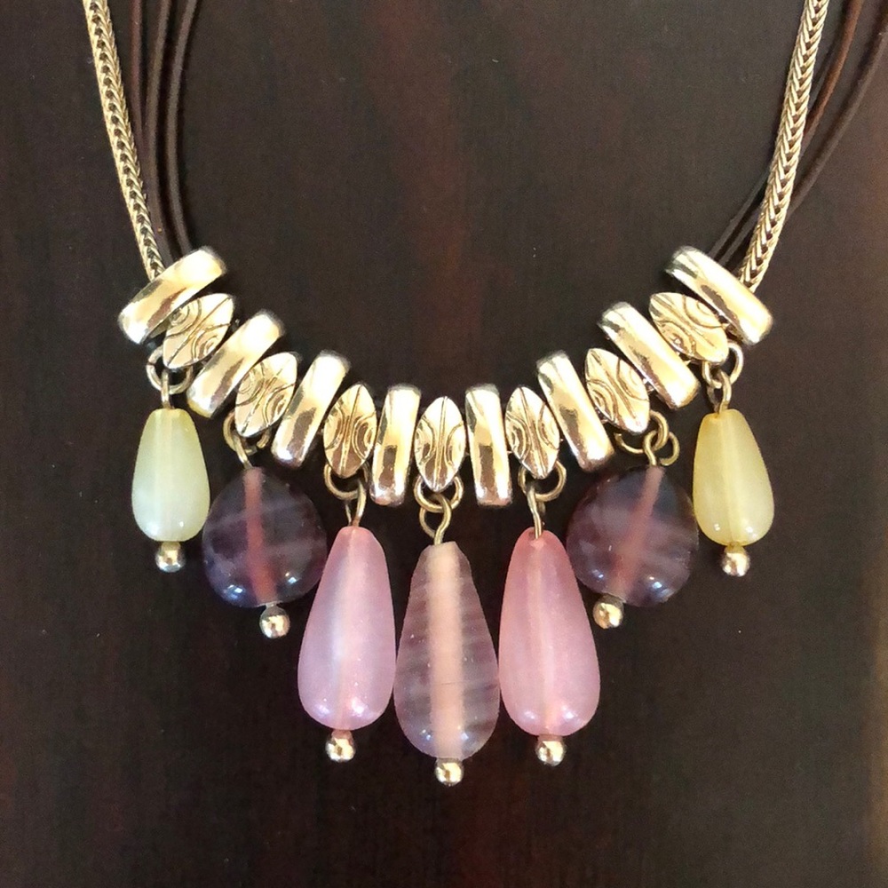 Purple, pink and light yellow glass necklace.